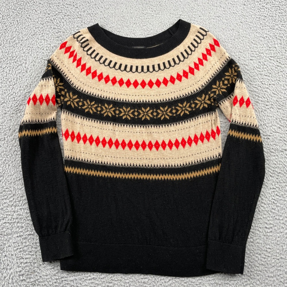 Talbots Sweater Womens Medium Black Tan Red Fair Isle Pullover Long Sleeve Knit